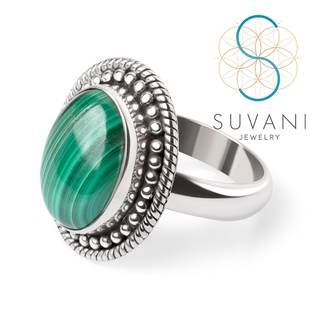 SUVANI เงินแท้ 92.5% แหวนหินมาลาไคท์ Malachite ทรงวงรี เครื่องประดับเงินแท้ Size 6 – 9