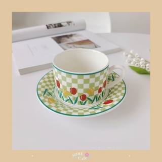 [พร้อมส่ง] 💚 SET Tea Cup Flower แก้วเซรามิก + จานรองแก้ว ลายดอกไม้ สีเขียว