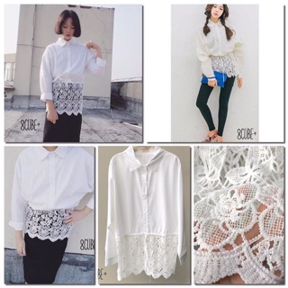 420.- ส่งฟรี🍒 :::minimal white shirt with lace hem:::