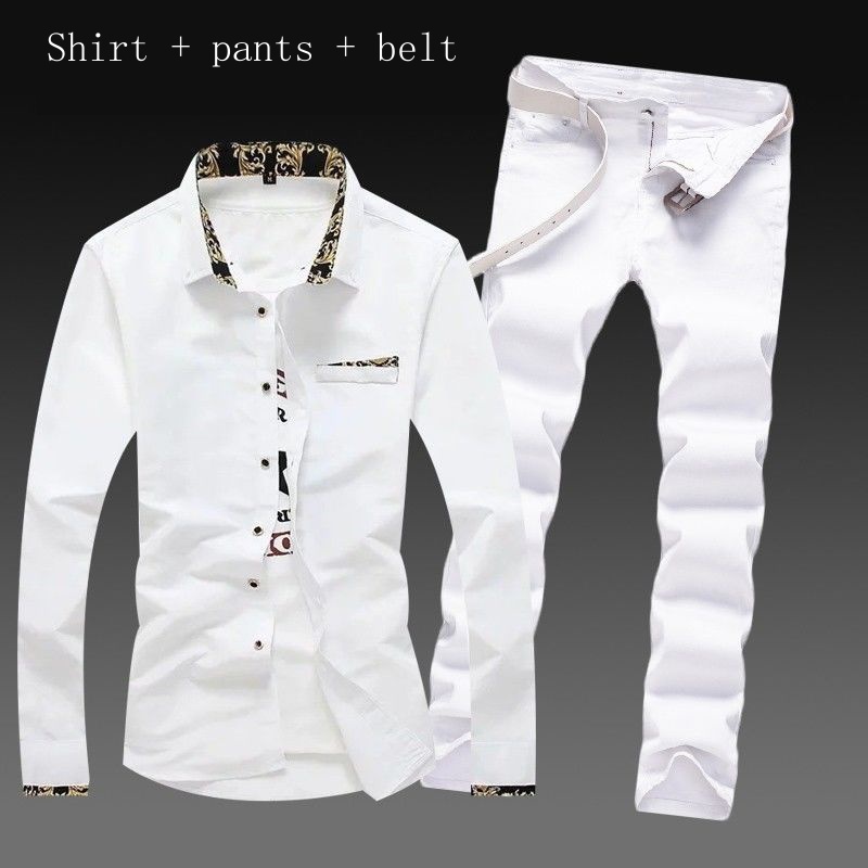 ﹉Three-piece new casual men s shirt and long pants denim suit Korean version trend solid color