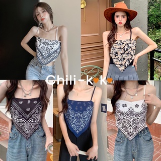 Chili_k❤️k❤️*พร้อมส่ง*วินเทจเสื้อสายเดี่ยวเอวลอยแต่งทรงสามเหลี่ยมเก๋ๆ(32036-3)