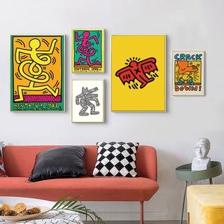 โปสเตอร์ผ้าใบ ลาย Keith Haring Abstract สไตล์วินเทจ สําหรับตกแต่งผนังบ้าน ห้องนั่งเล่น