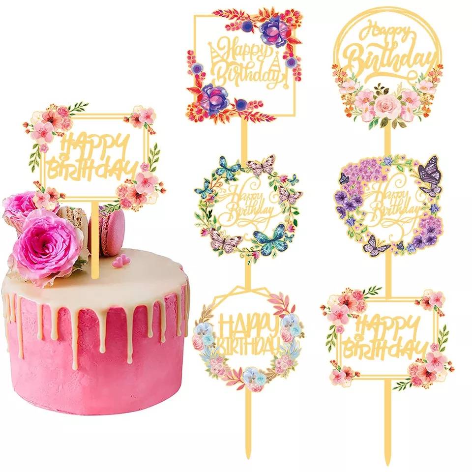 ป้ายวันเกิด ป้ายปักเค้กอะคริลิค ป้ายhappy birthday ดอกไม้ พิมพ์สี สีทอง
