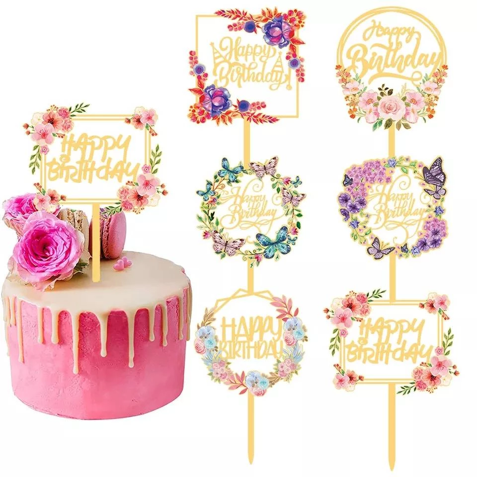ป้ายวันเกิด ป้ายปักเค้กอะคริลิค ป้ายhappy birthday ดอกไม้ พิมพ์สี สีทอง
