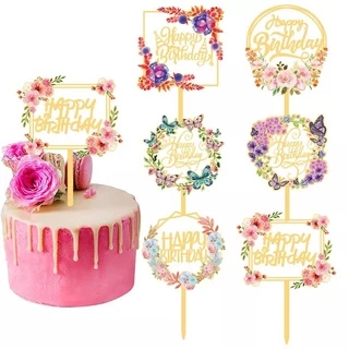 ป้ายวันเกิด ป้ายปักเค้กอะคริลิค ป้ายhappy birthday ดอกไม้ พิมพ์สี สีทอง