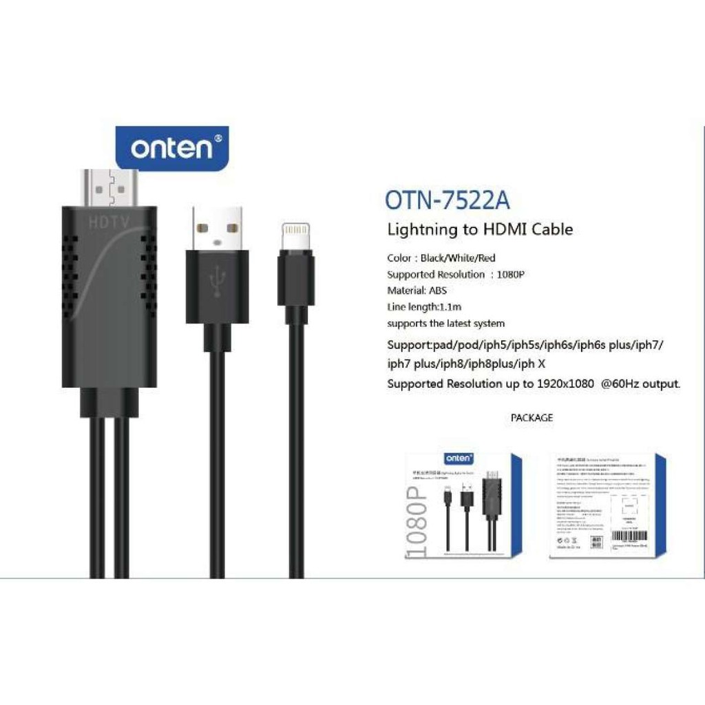 สายดึงภาพมือถือขึ้นจอทีวี Onten OTN-7522A (Lighning to HDMI Cable)(สำหรับไอโฟน)