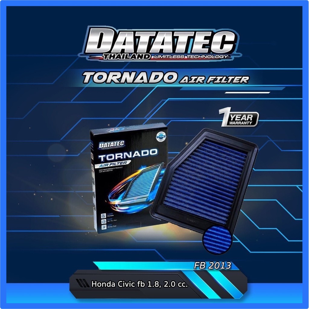 กรองอากาศผ้า Datatec Tornado รุ่น Honda Civic Fb 1.8L, 2.0L ปี 2012-2015 แผ่นกรองอากาศ ไส้กรองอากาศ กรองอากาศรถยนต์ สามา