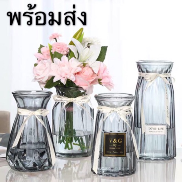 แจกันดอกไม้แก้ว vase โปร่งใสแจกันยุโรปห้องนั่งเล่นที่เรียบง่ายตกแต่ง แจกันทรงเพรช+โบว์สุดน่ารัก