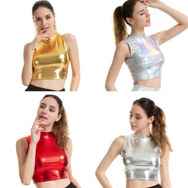 เสื้อกล้าม หนังเทียม มีซิป สีทอง แวววาว สไตล์สตรีท สําหรับผู้ชาย
