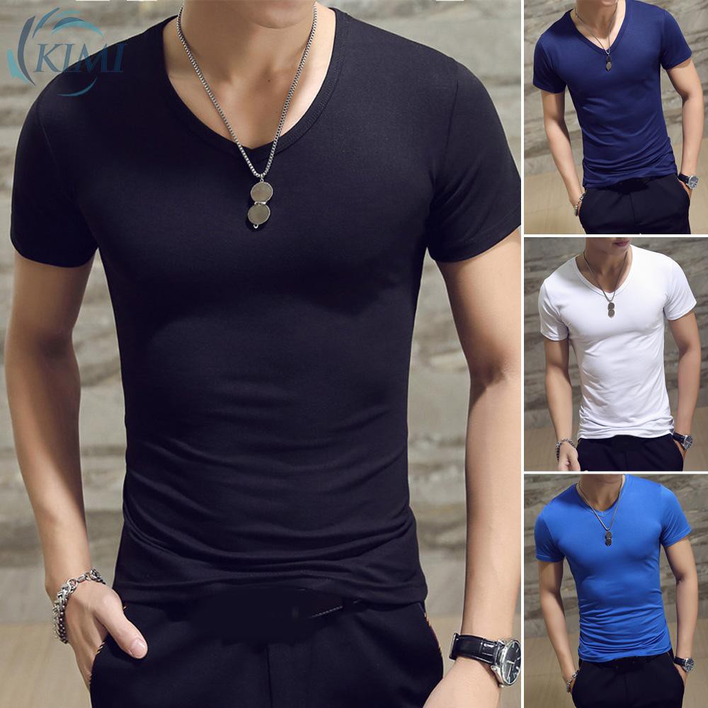 Male T shirt Short sleeve Solid color V neck Simple Muscle Summer ...