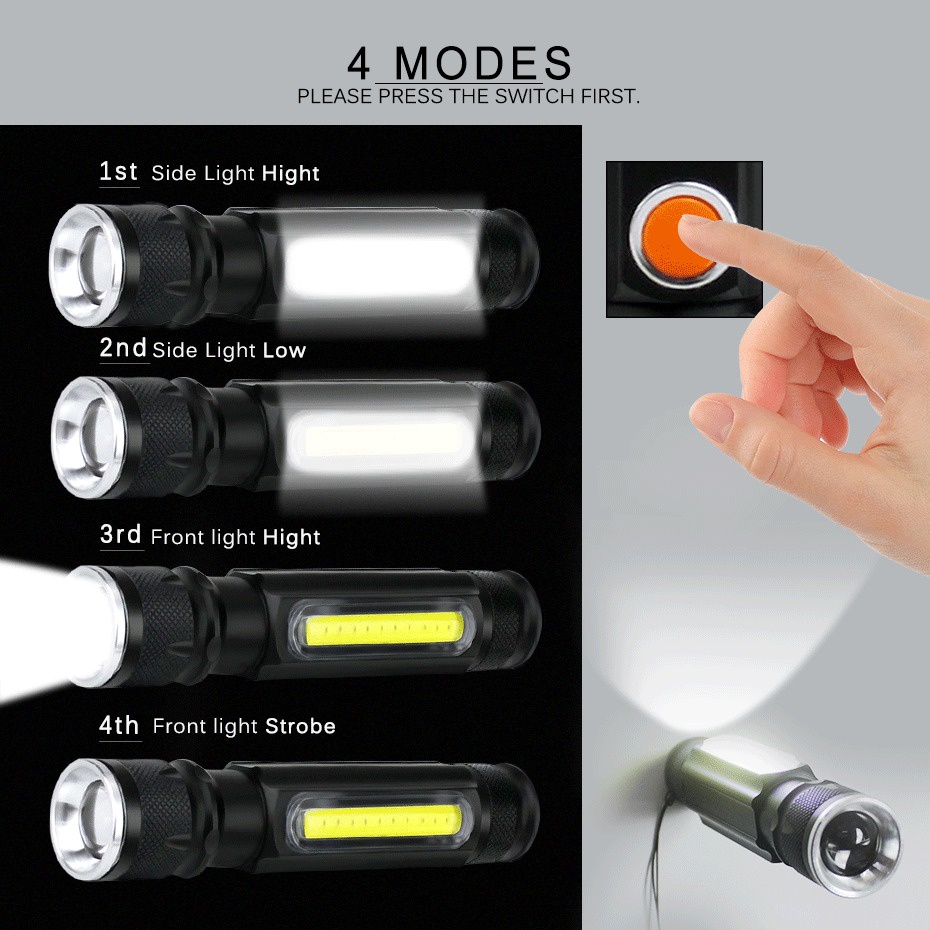 ไฟฉาย LED mini XM-L T6 + COB ซูมได้ มี 3 โหมด แบตเตอรี่ในตัว ชาร์จ USB (สีดำ) ราคา ถูกที่สุด ดีลบีเคเค แกลเลอรีภาพที่ 8