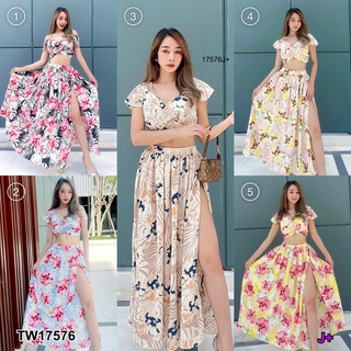 17576 Set 2ชิ้น เสื้อสายเดี่ยวเว้าไหล่ลายดอก + กระโปรงยาวผ่าหน้า Floral off-shoulder blouse + long skirt with front slit