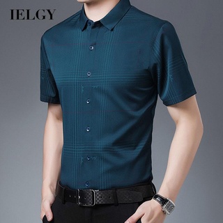 Ielgy เสื้อเชิ้ตลําลอง คอปก แขนห้าส่วน แบบบาง ลายสก๊อต แฟชั่นสําหรับผู้ชาย