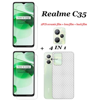 4in1 Realme C35 C55 C25 C25S C25Y C21Y C11 2021 2 ชิ้น ฟิล์มกระจกนิรภัย ไร้ขอบ ใส + ฟิล์มเลนส์ + ฟิล์มคาร์บอนไฟเบอร์ ด้านหลัง