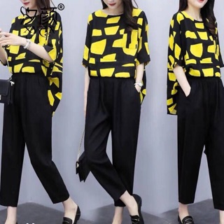 Fashion Set เสื้อทรงโอเวอร์ไซสื หน้าสั้น หลังยาว ผ้าลินิน พิมลายกราฟฟิก