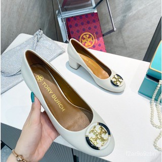 ของแท้ 100% TORY BURCH 21 new summer high-heeled thick-heeled metal patent leather single shoes genuine leather womens