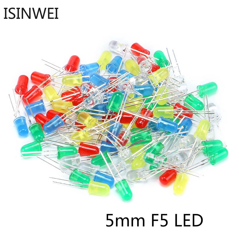 ไดโอดเปล่งแสงสีแดงเขียวเหลืองฟ้าขาว 5 มม. f5 led 100 ชิ้น