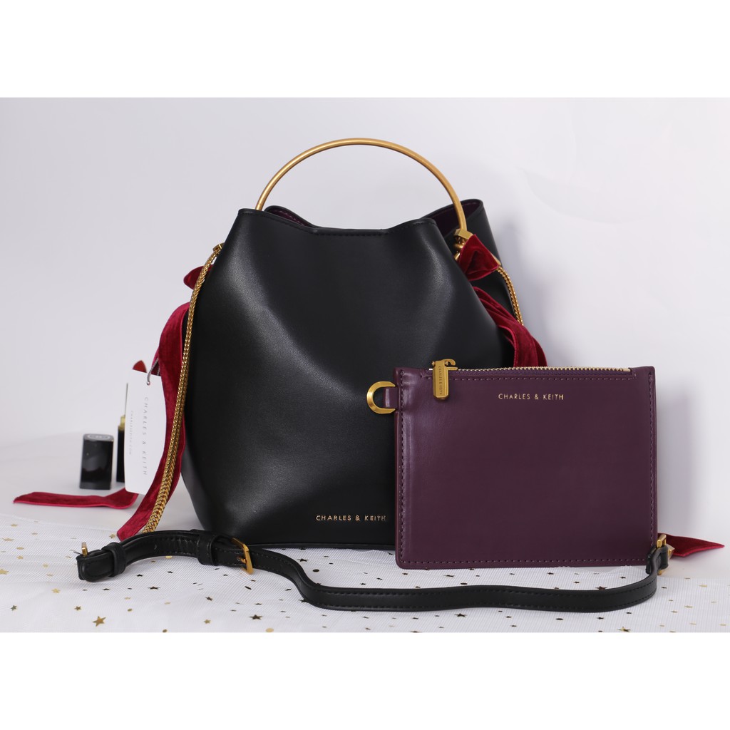 charles and keith velvet bow detail bucket bag