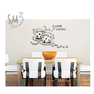 สติ๊กเกอร์ติดผนัง PVC กันน้ำ ภาพSilhouette 2ถ้วยกาแฟ I Love Coffee