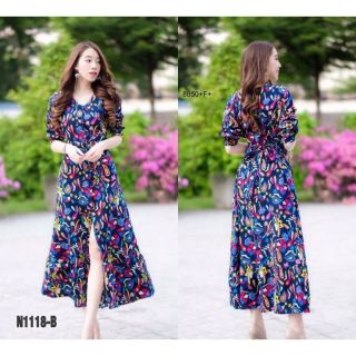 MaxiDress แม็กซี่เดรสเชิ้ตยาว คอวี แขนยาว ผ้าโฟร์เว พิมพ์ลายโบฮีเมียน