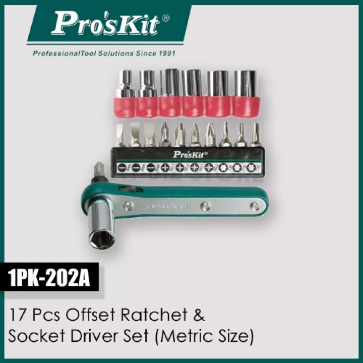Proskit 1PK-202A - 17 ชิ้น Offset Ratchet & Socket Driver Set (ขนาดเมตริก) - ชุดเครื่องมือ Proskit