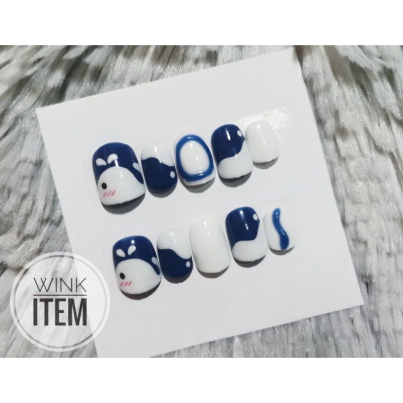 w050 เล็บปลอม เล็บ เล็บเจล เพ้นท์ลาย​วาฬน้อย​ 🐳 มีกาว+ตะไบแถมฟรี