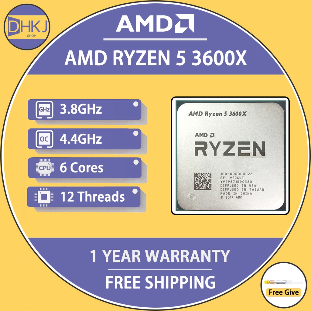 ใช้ AMD Ryzen 5 3600X R5 3600X 3.8 GHz 6-Core 12 ด้าย CPU โปรเซสเซอร์ 7NM 95W L3 = 32M ซ็อกเก็ต AM4