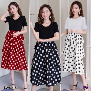 👗Pfashion [ส่งไว!!🚛] P8915  เดรสแขนสั้นกระโปรงขนมชั้นจุดเล็ก  Short-sleeved dress with a small polka dot skirt