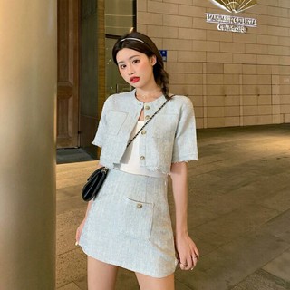 🌙🌸🌷Pre-Order🐻💗เซ็ตผ้าทวีตเสื้อครอป+กระโปรง☁ สีดำ, ฟ้า☁ Size S, M
