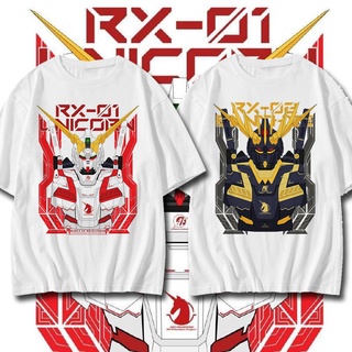 【100% cotton】ʚɞ    ญี่ปุ่นอะนิเมะชุดสูทมือถือ Gundam Unicorn ผ้าฝ้ายเสื้อยืดผู้ชายฤดูร้อนแขนสั้นผู้ชายและผู้หญิงย้อนยุคแ