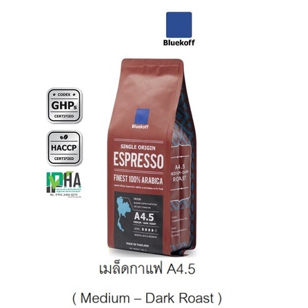 กาแฟ Bluekoff (Blue Koff เมล็ดกาแฟ คั่ว กลางค่อนเข้ม (A4.5) Bluekoff) 250 กรัม