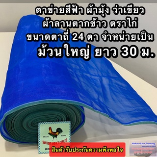 ตาข่ายสีฟ้า มุ้งไนล่อนสีฟ้า ว่าเขียว ตาข่ายกันยุ่ง ผ้าลานตากข้าว ตาข่ายอเนกประสงค์ ขนาดตา 24 ตา ตราไก่ (จำหน่ายเป็นม้วน)