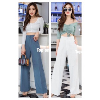 พร้อมส่ง!! กางเกงขายาว ผ้าเปเป้ กระดุม 2 เม็ด