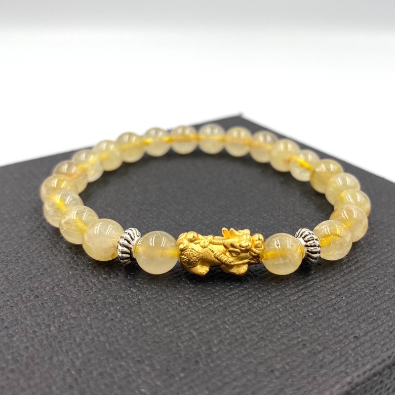 กำไลหินแท้ ไหมทอง 8 มิล ปี่เซี๊ยะเงินแท้ 925