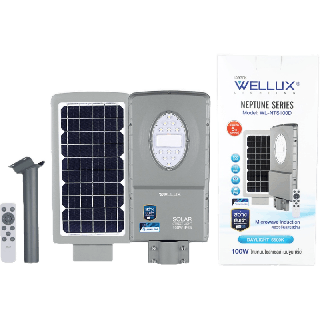 [รับประกัน5ปี]WELLUX โคมไฟถนนโซล่าแผงโมโน 100W ชิปLUMI+แบตBYD สว่างยันเช้า รุ่น NEPTUNE SERIES มีรีโมท