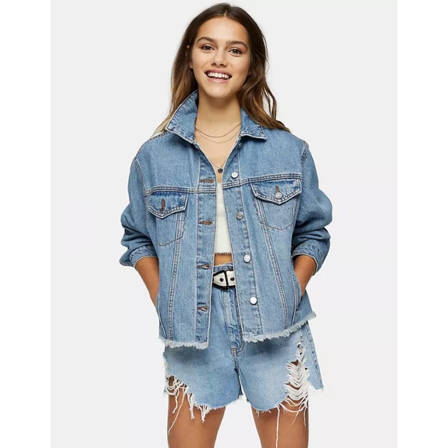สินค้าหลุด QC Topshop Petite Oversized Denim Jacket in Mid Wash Blue ท็อปช็อป เสื้อแจ็คเก็ต เสื้อยีนส์ โอเวอร์ไซส์