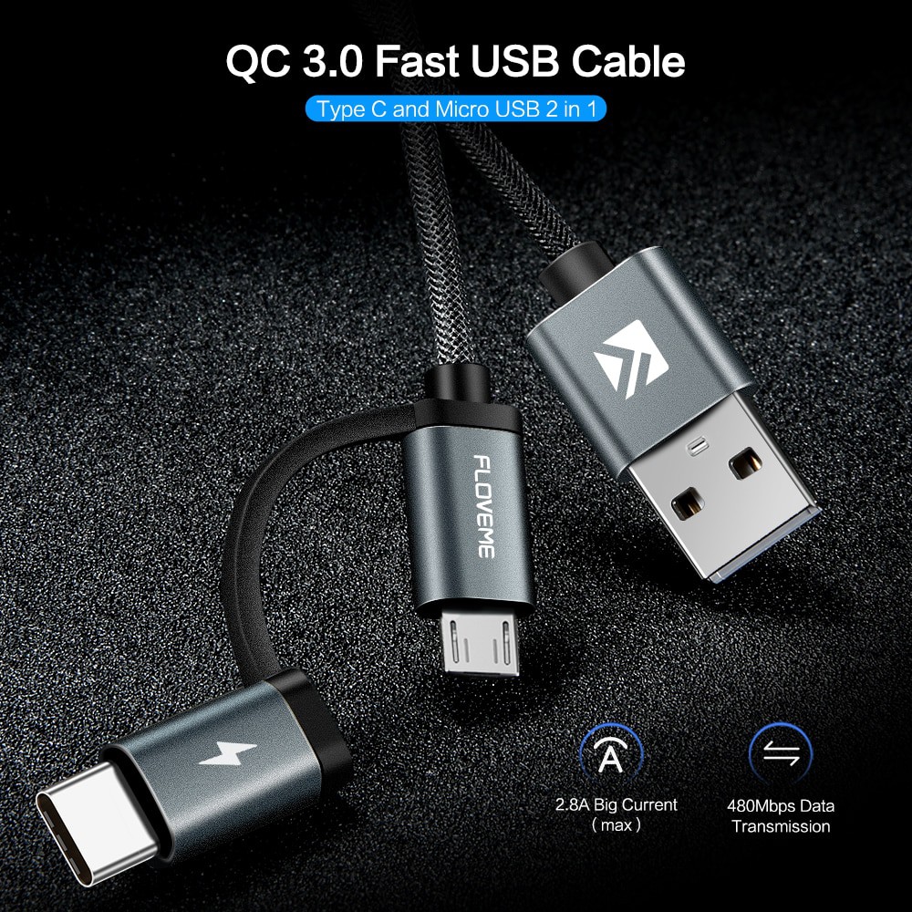 สายชาร์จ 2 in 1 สายชาร์จ 2 in 1 Floveme Micro USB + USB Type C QC3.0 2.8A 80cm