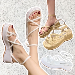 OhBlablaShoes  พร้อมส่ง รองเท้าแตะ ส้นตึก สานๆ รัดข้อ  สี WHITE , BEIGE