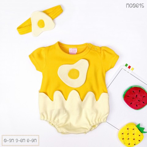 [ พร้อมส่ง ] ชุดเด็ก บอดี้สูท แขนสั้น พร้อมผ้าคาด ลาย ชุดไข่ดาว