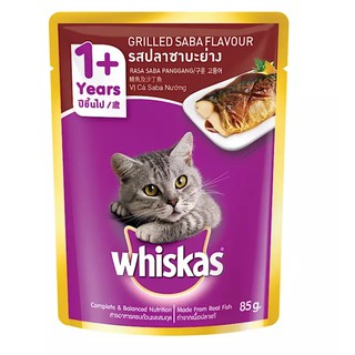 วิสกัสเพาซ์ อาหารแมว รสปลาซาบะย่าง 85 กรัม  (12 ถุง) Whiskas Pouch Cat Food Grilled Saba Flavor 85 g. (12 bags)