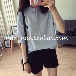 TJเสื้อแฟชั่น คอปีน แขน3ส่วน กระดุมหน้า ลายทาง สีเทา รหัสสินค้า MY5847 เทา