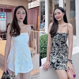 TW17964 เดรสสายเดี่ยวสั้น ผ้าตาข่ายนูน