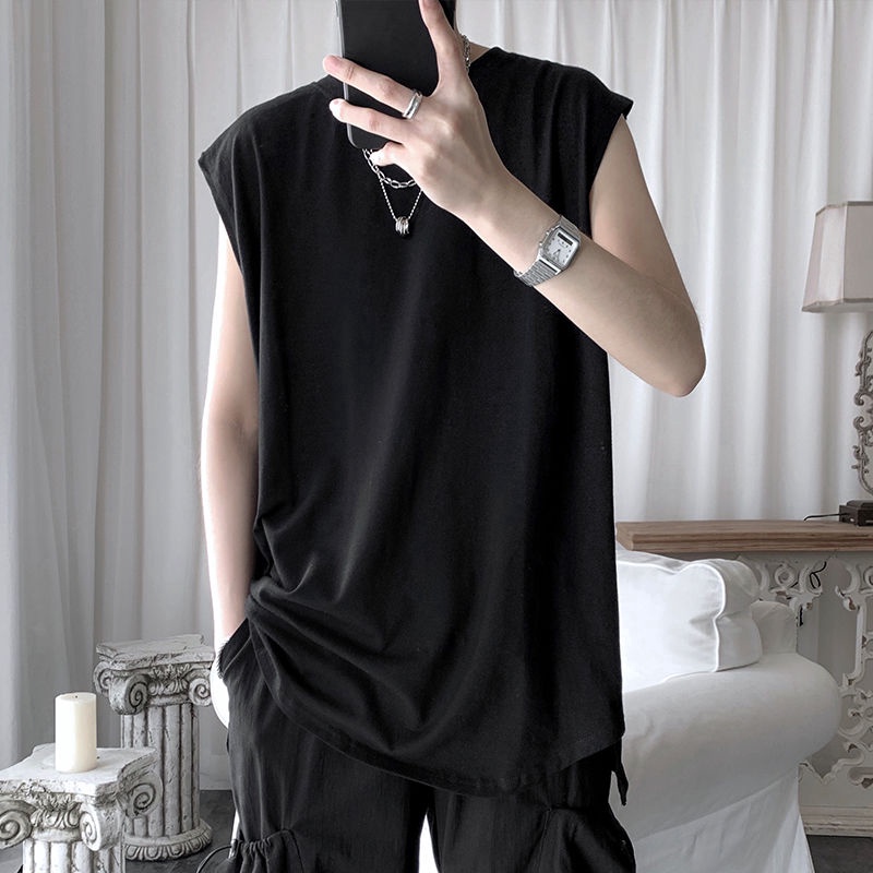 เสื้อกีฬาแขนกุด ทรงหลวม สีพื้น แฟชั่นบอททอม สําหรับผู้ชาย