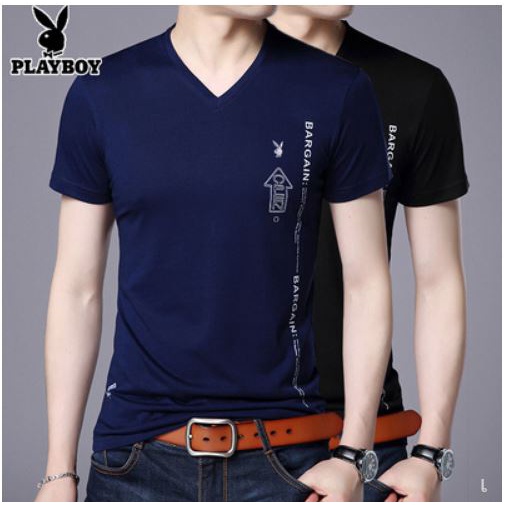 Playboy เสื้อยืดแขนสั้นผ้าฝ้ายเสื้อยืดสำหรับผู้ชาย อินเทรนด์แฟชั่นสุดเท่ คอวีV