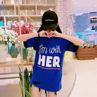 เสื้อแฟชั่น คอกลม แขนสั้น แต่งขาด ลาย HER สีฟ้า 7739 ฟ้า