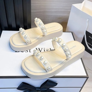 Nacre Sandals ร้องเท้าส้นสูง ✨รองเท้าส้นเตารีดแบบสวม ✨ รองเท้าแตะพื้นหนา ทรงมินิมอลสไตล์ น่ารักมากกกก ส้นสูง 4 ซม