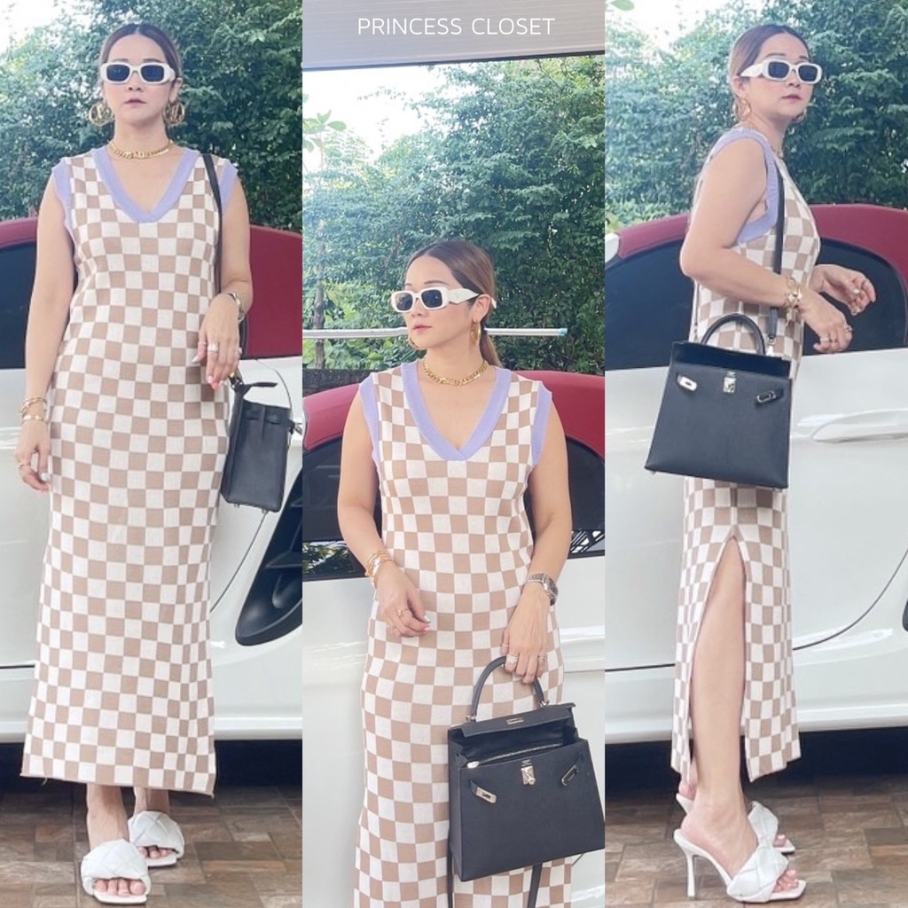 bybeyond เดรสยาว เดรสไหมพรม ลายสก็อต แขนกุด คอวี รุ่นสุดฮอต สินค้าขายดี ...