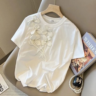 เสื้อยืดแขนสั้น พิมพ์ลายดอกไม้ ประดับเพชร สามมิติ สําหรับผู้หญิง