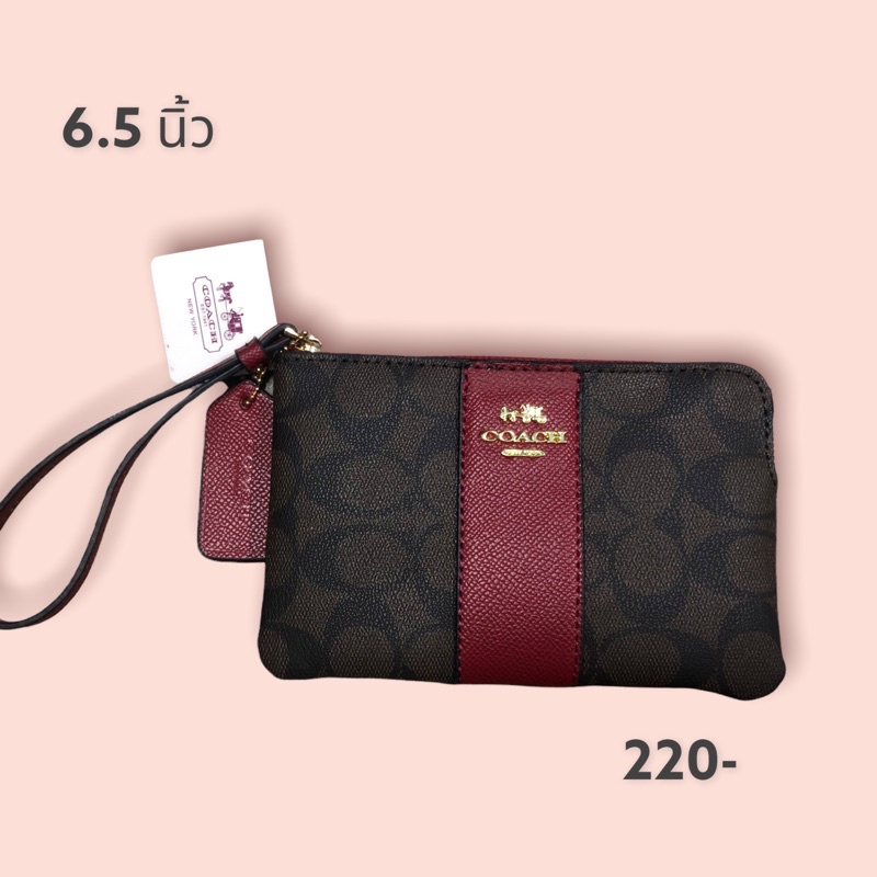 กระเป๋าตังค์ Coach สีกาแฟคาดแดงเลือดหมู