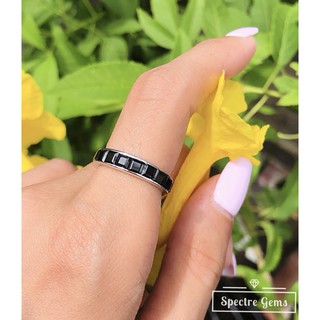 แหวนเงินแท้ 925 พลอยแท้ Sterling Silver Ring 92.5% topped with Black Onyx (Black) ชุบโรเดียม *พร้อมส่ง*